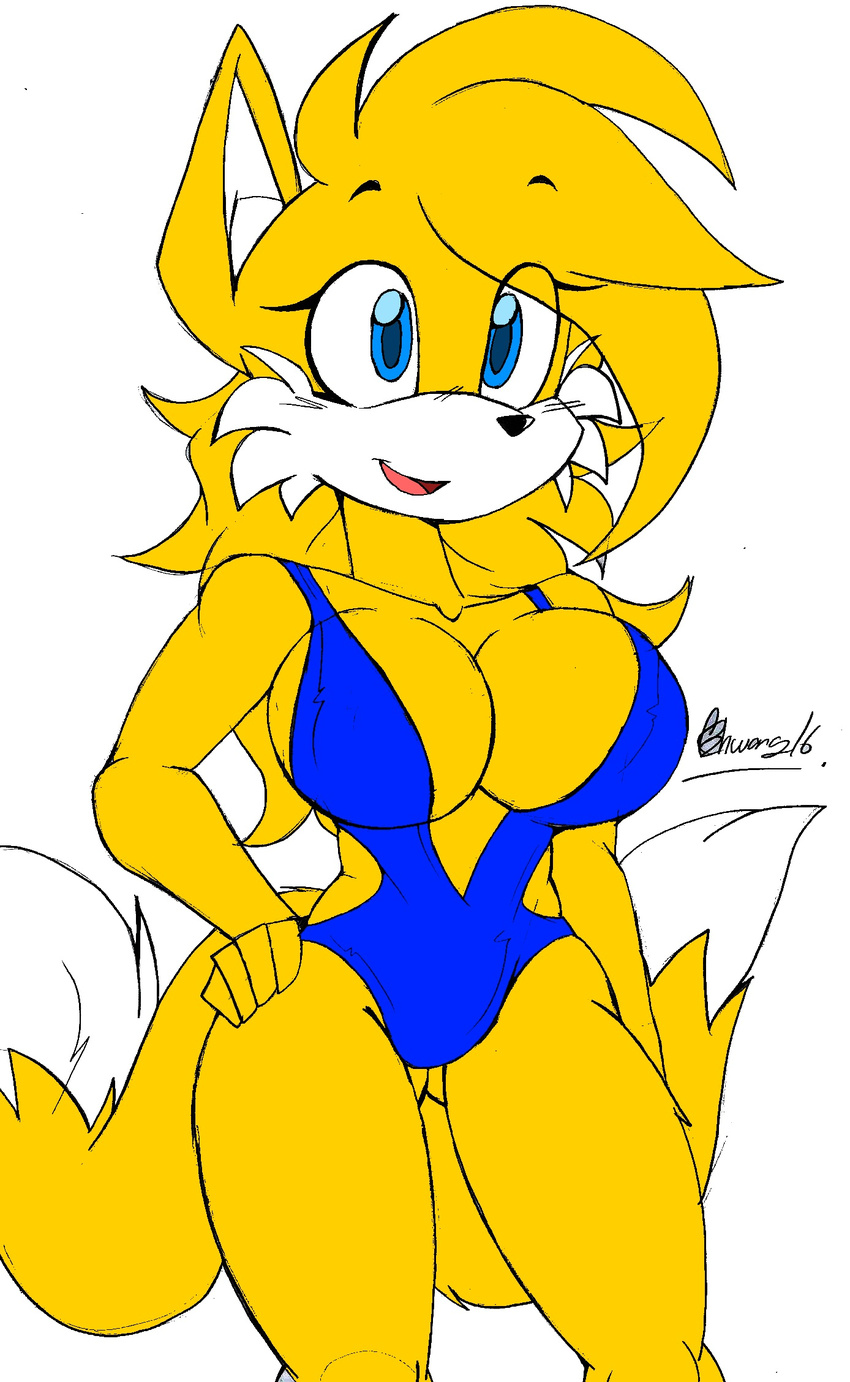 2016 akatsukishiranui-fox anthro big_breasts breasts canine cleavage clothed clothing crossgender female fox hi_res mammal miles_prower smile solo sonic_(series) swimsuit