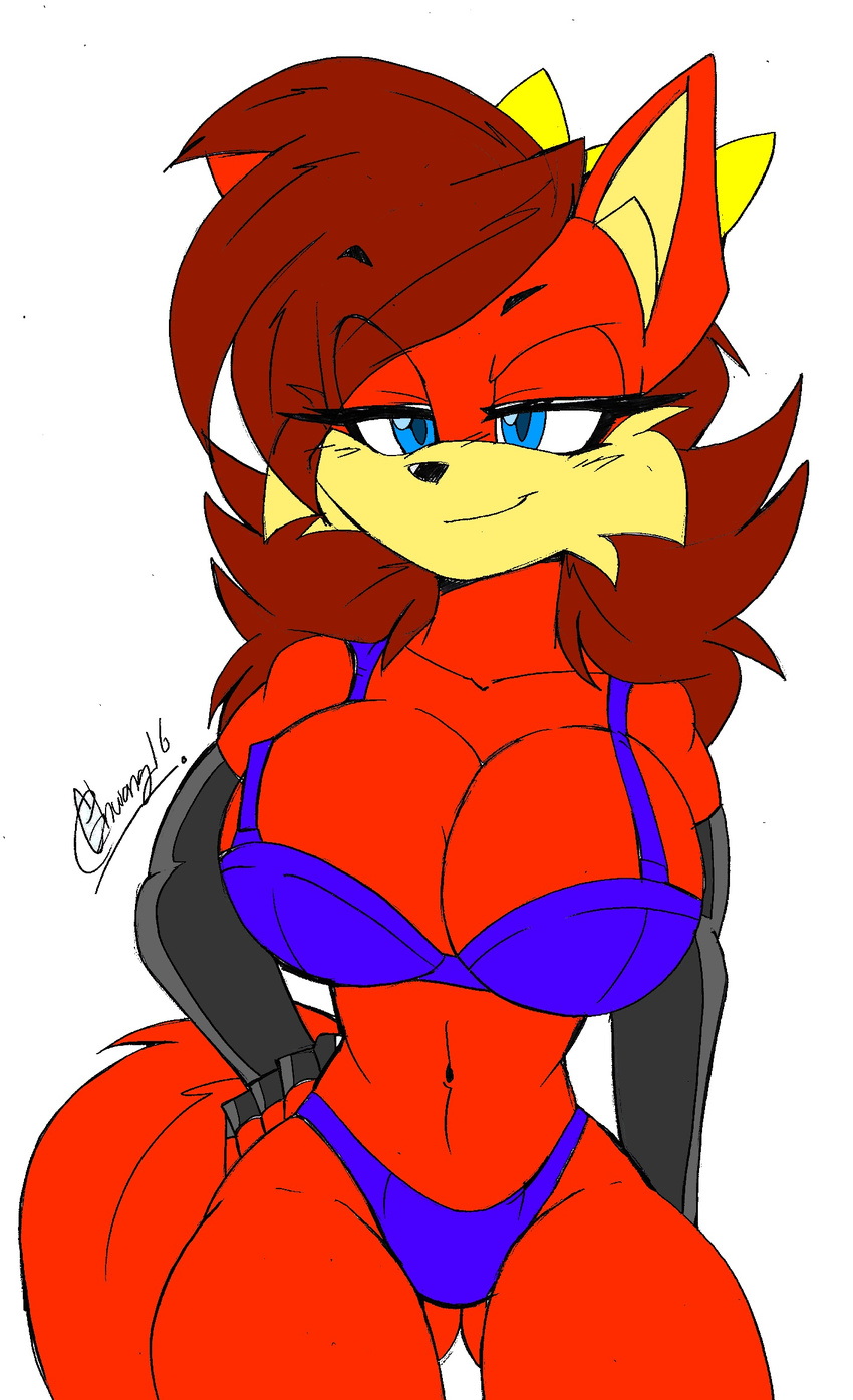 2016 akatsukishiranui-fox anthro armwear big_breasts blue_eyes bra breasts canine cleavage clothed clothing female fiona_fox fox fur hair half-closed_eyes hi_res mammal panties red_fur red_hair simple_background solo sonic_(series) underwear white_background