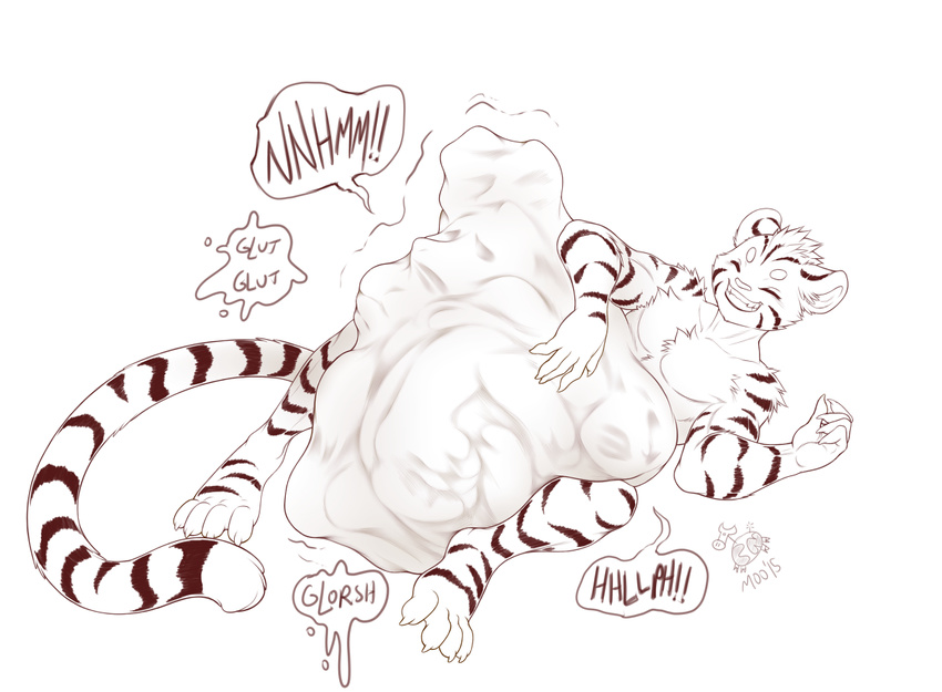 2016 abdominal_bulge ambiguous_gender ambiguous_species belly big_belly claws cownugget dialogue digestion english_text eyes_closed feline fur group hyper hyper_belly male mammal monochrome signature smile solo_focus speech_bubble stripes teeth text tiger toe_claws vore