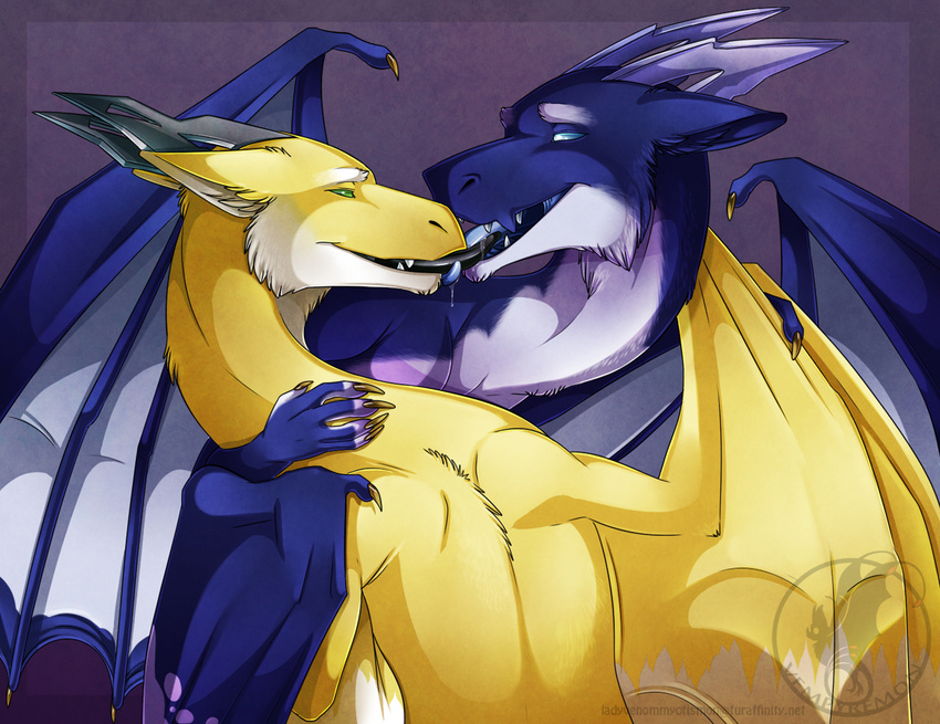 axirpy blue_fur dragon duo embrace feral fluffy fur furred_dragon hug kissing ladyvenommyotismon licking lothar male membranous_wings open_mouth peaceful tongue tongue_out white_fur wings yellow_fur