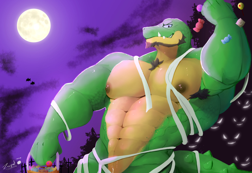 abs alligator areola armpit_hair bandage beard biceps black_hair candy chest_tuft crocodile crocodilian facial_hair flexing food green_scales grin hair looking_at_viewer male moon mostly_nude muscular muscular_male navel night nipples pecs reptile scales scalie serratus sharp_teeth sky smile solo teeth tuft yellow_scales zupat