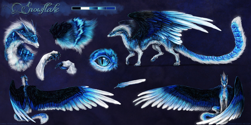 black_feathers blue_eyes blue_feathers blue_fur claws dragon feathered_dragon feathered_wings feathers feral fur furred_dragon hair isvoc model_sheet sitting smile solo standing white_fur white_hair wings