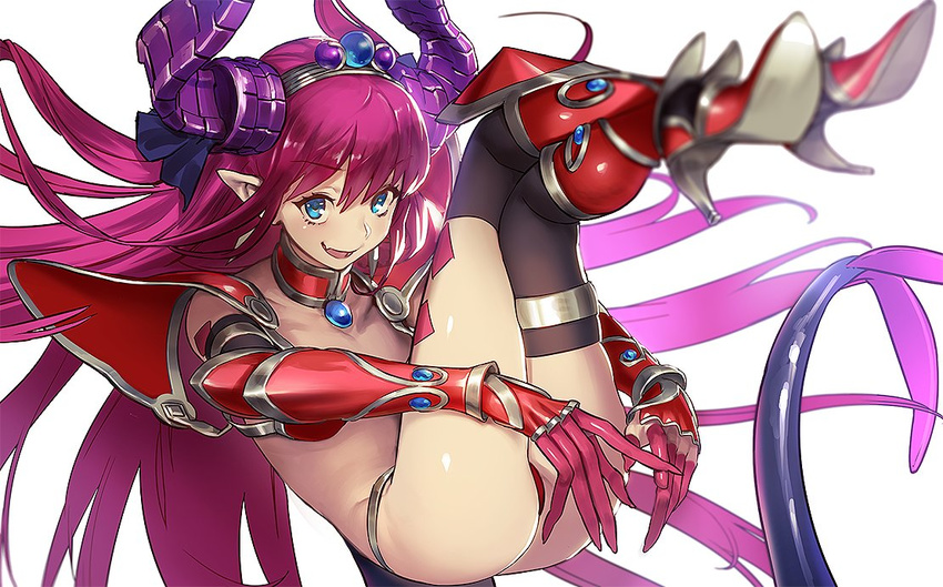 armor ass bikini_armor cape dragon_tail elizabeth_bathory_(brave)_(fate) elizabeth_bathory_(fate)_(all) fate/grand_order fate_(series) gauntlets horns long_hair nanbo_ataru_(attall) pauldrons pink_hair pointy_ears red_armor silver_trim smile solo tail tiara white_background