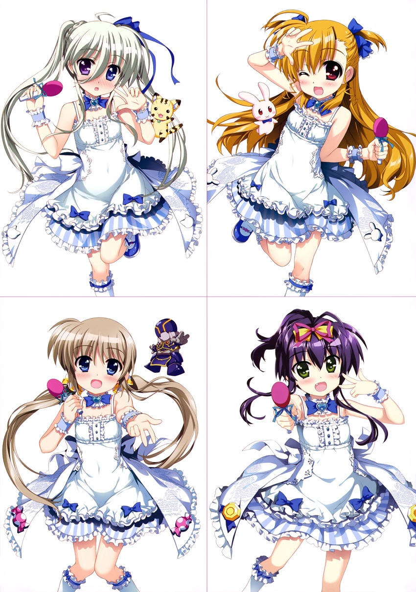 absurdres asteion blonde_hair blue_bow blue_eyes bow bowtie brown_hair corona_timir covered_navel dress einhart_stratos eyebrows eyebrows_visible_through_hair fujima_takuya hair_between_eyes hair_bow hair_ribbon heterochromia highres holding holding_microphone kneehighs long_hair lyrical_nanoha mahou_shoujo_lyrical_nanoha mahou_shoujo_lyrical_nanoha_vivid microphone multiple_girls one_eye_closed open_mouth pink_ribbon ponytail purple_eyes purple_hair red_eyes ribbon rio_wezley sacred_heart scan silver_hair simple_background twintails two_side_up vivio w white_background white_dress white_legwear wrist_cuffs