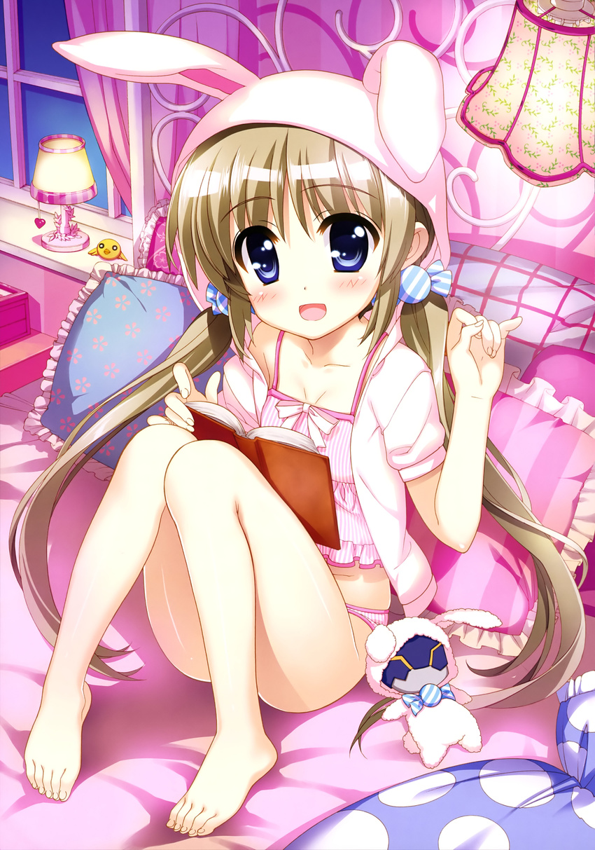 :d absurdres animal_hood barefoot blue_eyes blush book breasts brown_hair bunny_hood cleavage collarbone corona_timir floral_print frilled_pillow frills fujima_takuya golem highres hood lamp long_hair looking_at_viewer lyrical_nanoha mahou_shoujo_lyrical_nanoha_vivid official_art on_bed open_mouth panties pillow pink_panties ribbon scan shiny shiny_hair shiny_skin short_sleeves sitting skindentation small_breasts smile solo striped sweater twintails underwear vertical-striped_panties vertical_stripes window windowsill