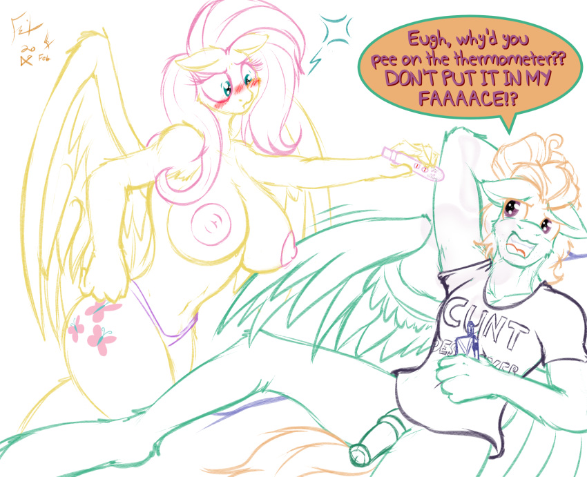 2019 animal_genitalia animal_penis anthro bed big_breasts blush bottomless breasts brother brother_and_sister clothed clothing cutie_mark dialogue duo english_text equine female fluttershy_(mlp) friendship_is_magic frist44 fur hair hi_res implied_incest implied_pregnancy male male/female mammal my_little_pony nipples nude open_mouth panties pegasus penis pillow pink_hair pregnancy_test pregnant sibling simple_background sister text topless underwear wings zephyr_breeze_(mlp)