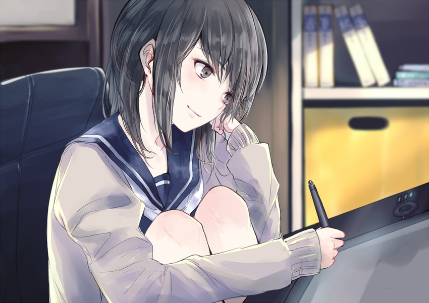 black_eyes black_hair computer minato_(shouno) original seifuku short_hair