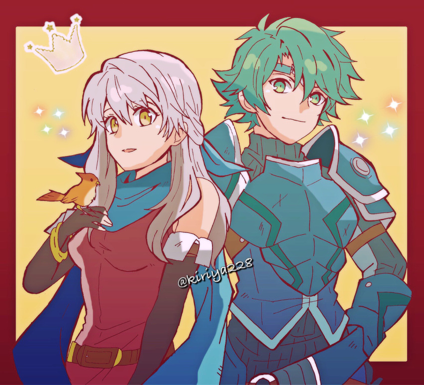 1boy 1girl alm_(fire_emblem) armor bangle bare_shoulders black_gloves bracelet dress elbow_gloves fingerless_gloves fire_emblem fire_emblem:_akatsuki_no_megami fire_emblem_echoes:_mou_hitori_no_eiyuuou fire_emblem_heroes gloves green_eyes green_hair hair_ribbon half_updo headband highres jewelry kiriya_(552260) long_hair looking_at_viewer micaiah nintendo open_mouth ribbon scarf short_hair side_slit silver_hair simple_background sleeveless sleeveless_dress smile yellow_eyes yune