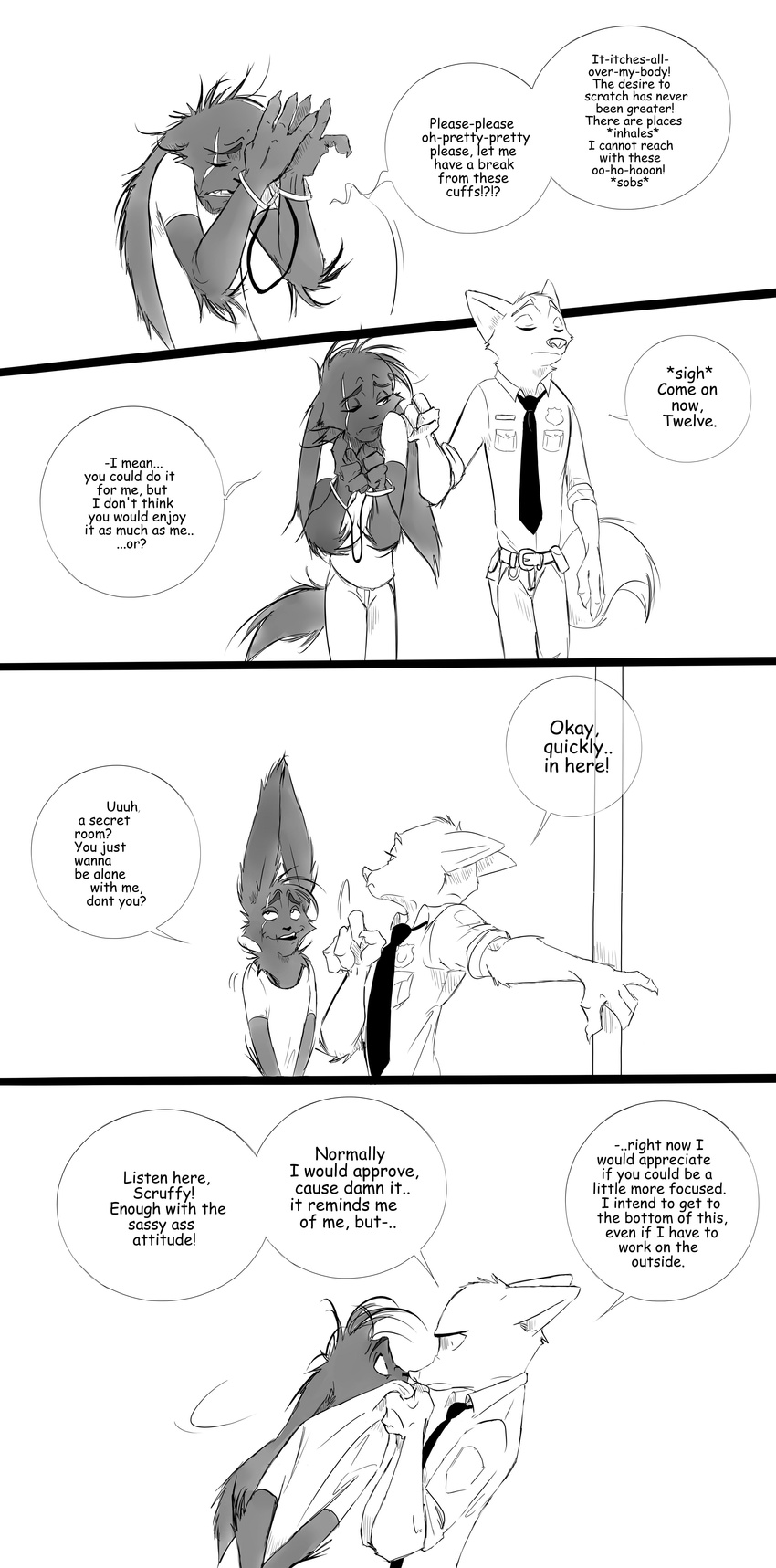 2016 anthro black_and_white canine clothed clothing comic dialogue disney english_text fox handcuffs inter_schminter lagomorph male mammal max_midnight monochrome nick_wilde police_uniform rabbit shackles spintherella text uniform zootopia
