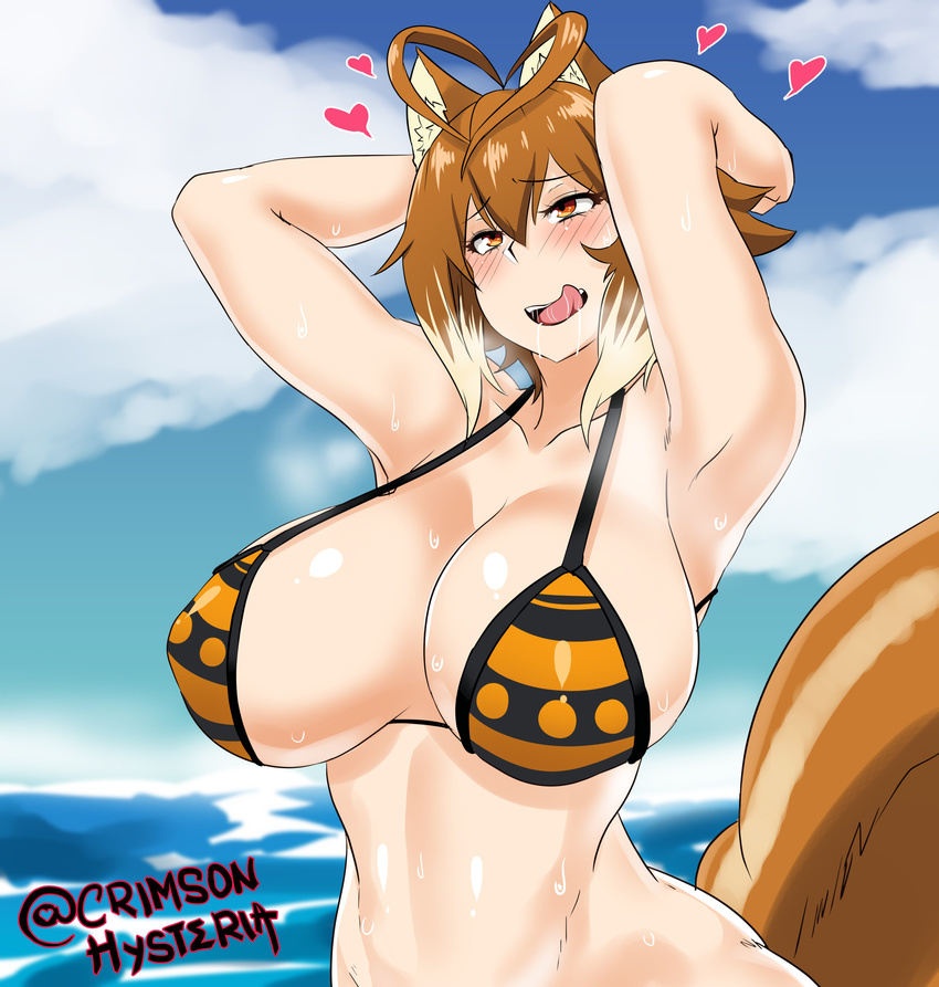 absurdres animal_ears antenna_hair armpits arms_behind_head arms_up beach bikini_top blazblue blush breasts brown_hair cleavage cloud cloudy_sky day heart heart_antenna_hair heavy_breathing highres huge_breasts makoto_nanaya multicolored_hair nightmare-doom no_panties orange_eyes outdoors saliva short_hair sky solo squirrel_ears squirrel_tail string_bikini sweat tail tongue tongue_out