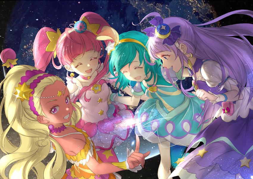 4girls :d ^_^ ahoge amamiya_erena bare_shoulders blonde_hair blue_choker blue_hair blue_skirt bubble_skirt choker clenched_teeth closed_eyes commentary_request crescent crescent_earrings cure_milky cure_selene cure_soleil cure_star dark_skin earrings eyebrows_visible_through_hair eyes_closed hagoromo_lala hair_ornament hairband hoshi_(xingspresent) hoshina_hikaru index_finger_raised jewelry kaguya_madoka long_hair looking_at_viewer magical_girl multiple_girls navel open_mouth pink_choker pink_eyes pink_hair pink_skirt precure purple_choker purple_hair short_hair skirt smile star star_hair_ornament star_twinkle_precure teeth thick_eyebrows twintails yellow_hairband