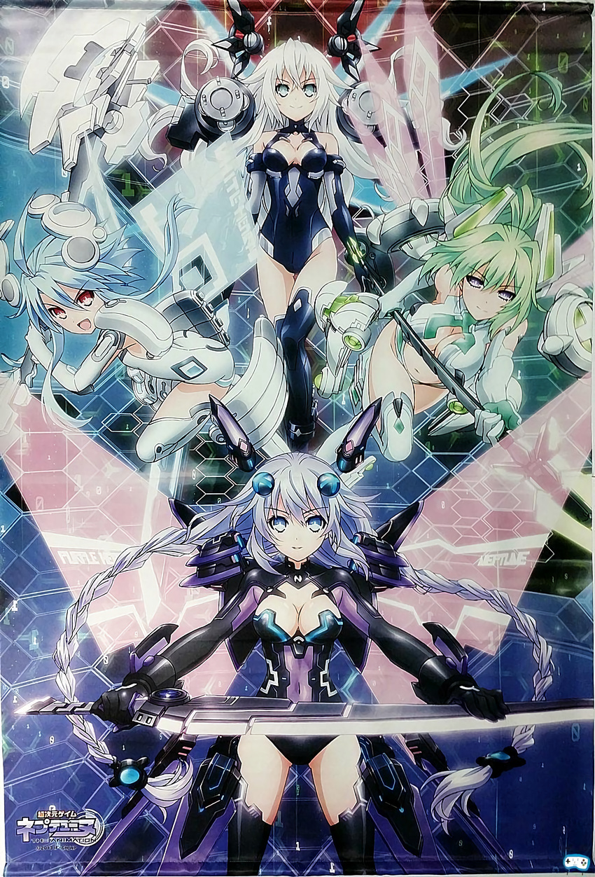 absurdres black_heart blanc bodysuit breasts green_hair green_heart highres impossible_bodysuit impossible_clothes large_breasts light_blue_hair long_hair medium_breasts multiple_girls neptune_(choujigen_game_neptune) neptune_(series) noire polearm purple_hair purple_heart short_hair_with_long_locks small_breasts smile spear sword tsunako vert very_long_hair weapon white_hair white_heart wings