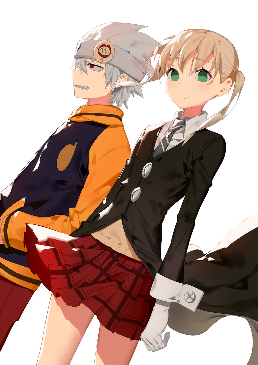 1girl coat dutch_angle gloves green_eyes hands_in_pockets headband highres jacket letterman_jacket looking_at_viewer maka_albarn necktie plaid plaid_skirt ronopu sharp_teeth silver_hair skirt smile soul_eater soul_eater_(character) teeth twintails white_gloves wind