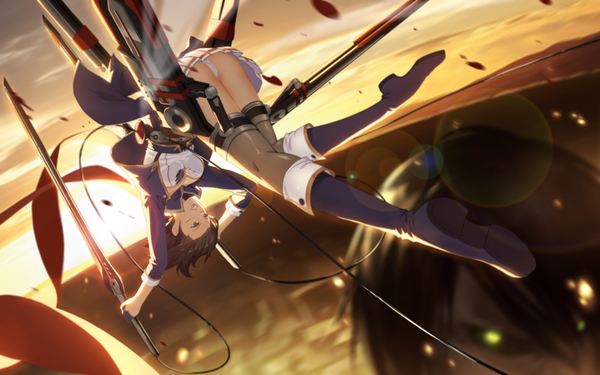 alternate_costume ass black_hair dual_wielding giant green_eyes highres holding lens_flare mikasa_ackerman panties pantyshot rogue_titan shingeki_no_kyojin short_hair solo_focus sword thighhighs three-dimensional_maneuver_gear underwear upskirt weapon wire yijian_ma