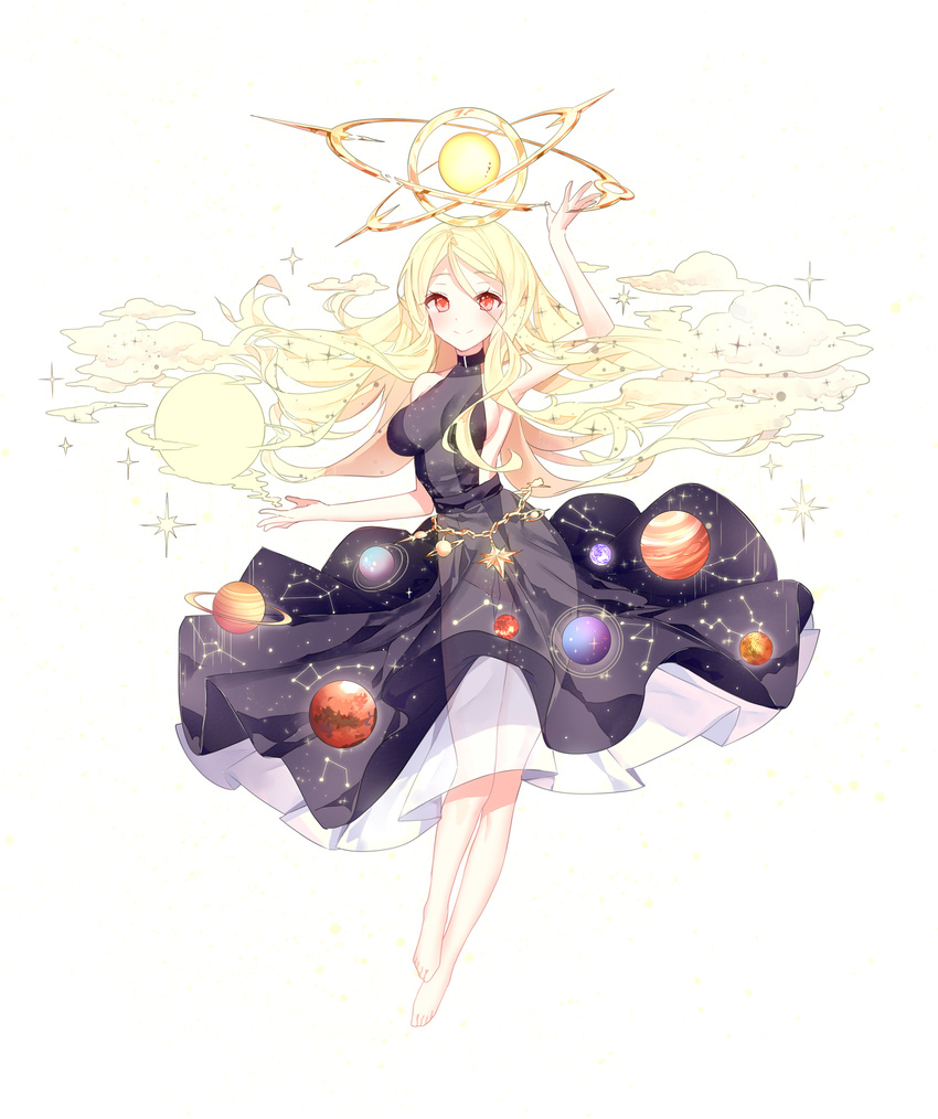 barefoot blonde_hair blush breasts cloud earth full_body halter_dress highres jupiter large_breasts long_hair looking_at_viewer mars_(planet) mercury_(planet) neptune_(planet) original personification planet red_eyes ronopu saturn see-through sideboob smile solar_system solo star sun uranus venus_(planet) white_background