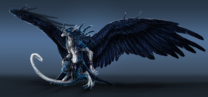 anthro black_feathers blue_hair claws clothed clothing dragon feathered_dragon feathered_wings feathers fur hair isvoc male solo standing topless white_fur wings