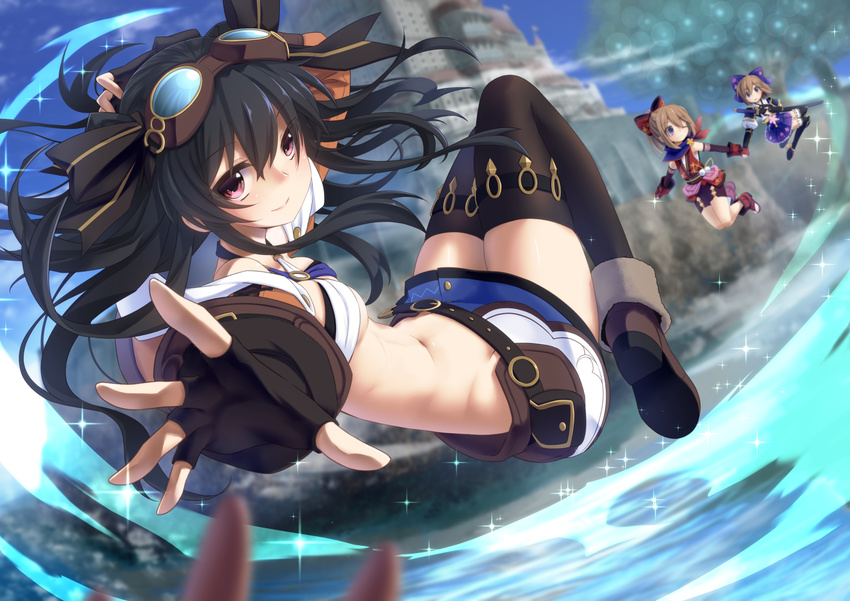 bare_shoulders black_hair black_legwear blue_eyes blush breasts brown_hair fantasy fingerless_gloves four_goddesses_online:_cyber_dimension_neptune gloves goggles goggles_on_head hair_ornament long_hair looking_at_viewer md5_mismatch midriff mizunashi_(second_run) multiple_girls navel neptune_(series) open_mouth ram_(choujigen_game_neptune) red_eyes rom_(choujigen_game_neptune) short_hair siblings sisters small_breasts twins two_side_up uni_(choujigen_game_neptune)