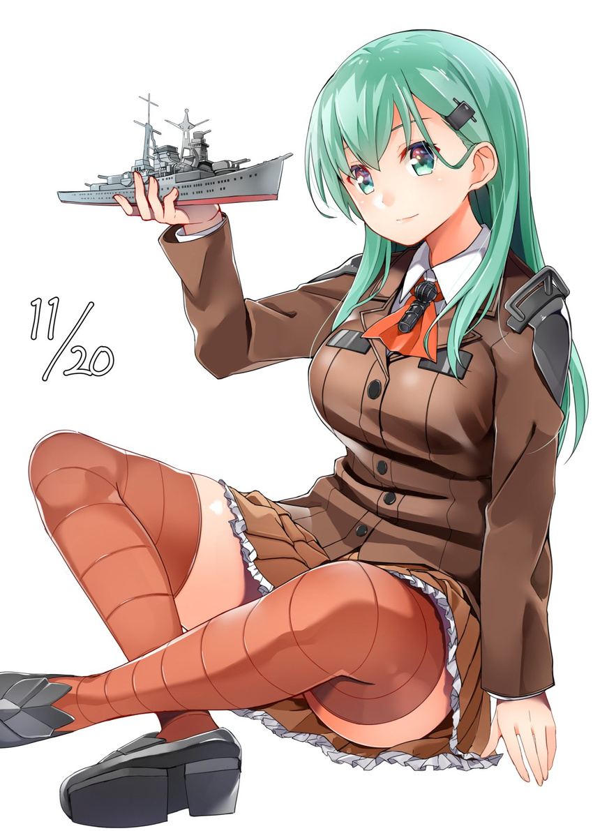 aqua_eyes arm_at_side black_footwear blazer blush breasts brown_jacket brown_skirt buttons byte_(allbyte) closed_mouth collared_shirt commentary_request crossed_ankles dated frilled_skirt frills hair_ornament hairclip head_tilt highres holding indian_style jacket kantai_collection long_hair long_sleeves medium_breasts miniature model_ship orange_legwear pleated_skirt shirt shoes simple_background sitting skirt smile solo striped striped_legwear suzuya_(cruiser) suzuya_(kantai_collection) vertical-striped_legwear vertical_stripes white_background white_shirt wing_collar