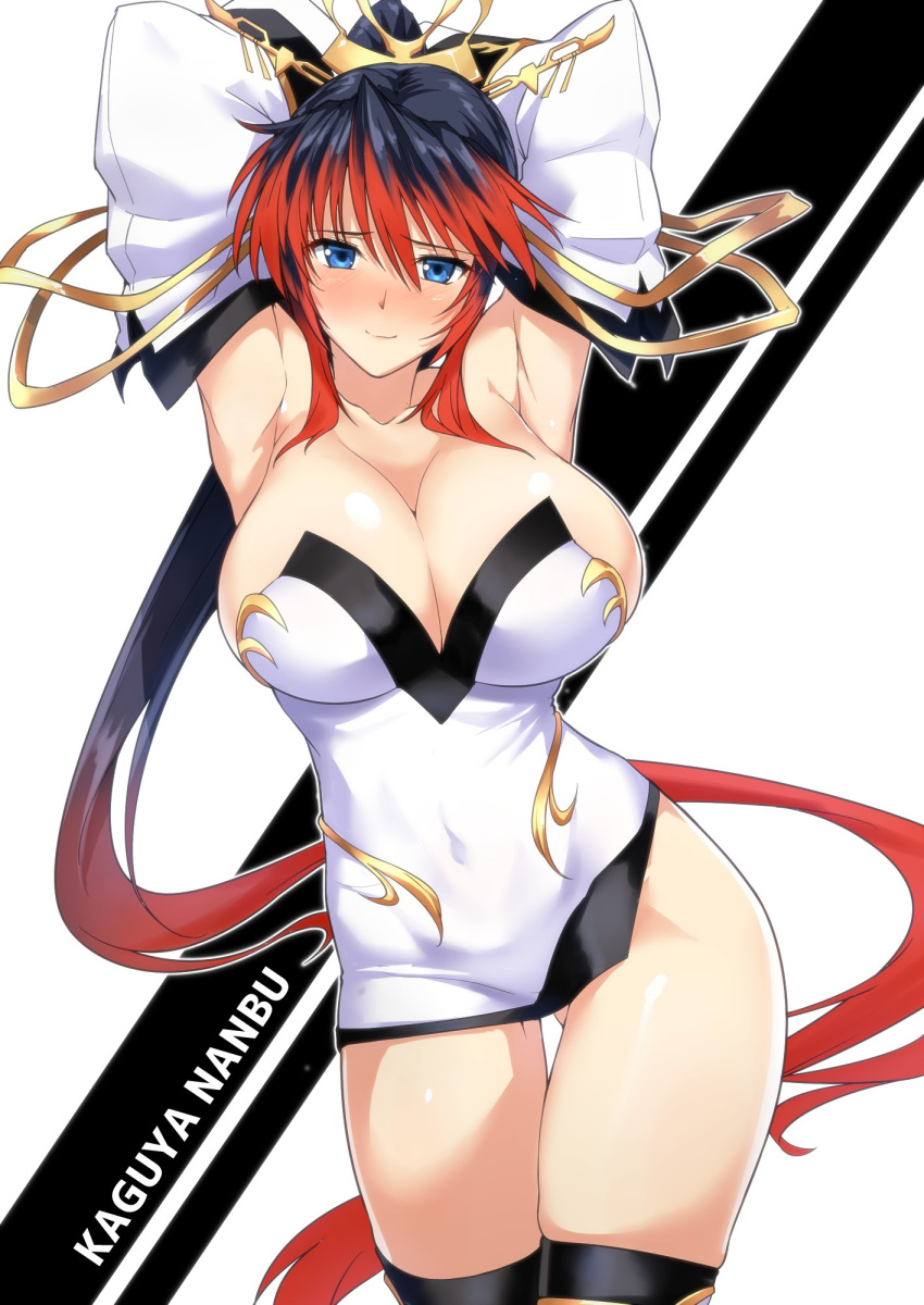 1girl armpits arms_behind_head arms_up bangs bare_shoulders black_hair blue_eyes blush breasts character_name cleavage collarbone covered_navel detached_sleeves dress eyebrows_visible_through_hair gluteal_fold hair_between_eyes hair_ornament highres large_breasts long_hair looking_at_viewer multicolored_hair nanbu_kaguya ponytail red_hair sidelocks skindentation smile solo super_robot_wars super_robot_wars_og_saga_mugen_no_frontier thigh_gap thighhighs two-tone_hair very_long_hair white_dress