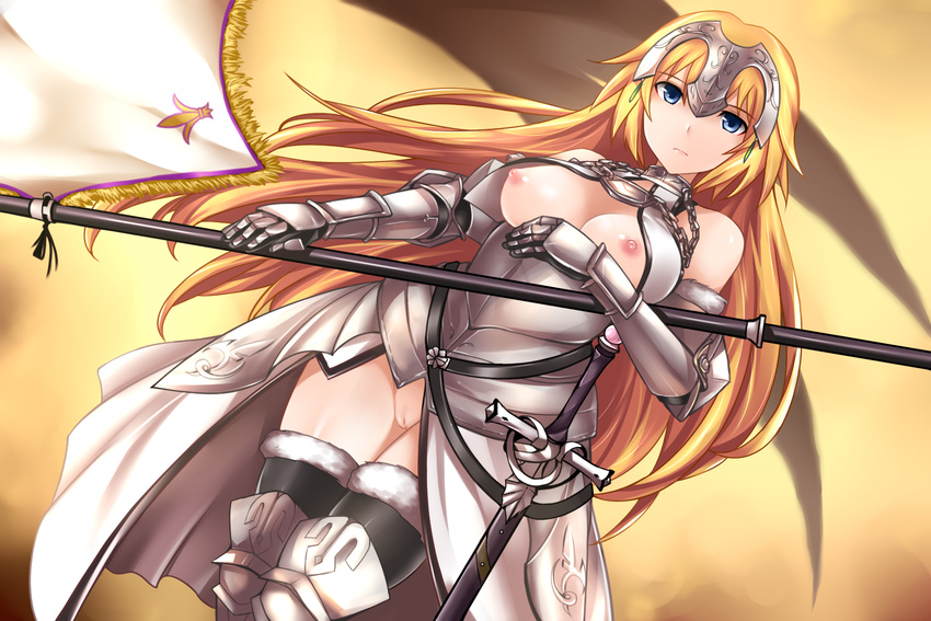 :| armor bangs bare_shoulders black_legwear blonde_hair blue_eyes breasts breasts_outside chain closed_mouth collar fate/apocrypha fate/grand_order fate_(series) faulds flag gauntlets greaves headpiece highres jeanne_d'arc_(fate) jeanne_d'arc_(fate)_(all) jitome long_hair looking_at_viewer medium_breasts nipples no_panties pussy sheath sheathed solo sword thighhighs tsurime weapon yoshimo