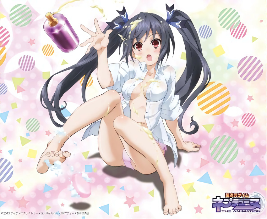 arm_support artist_request barefoot black_hair breasts breasts_apart dress_shirt feet hair_ornament medium_breasts neptune_(series) no_bra noire official_art open_clothes open_mouth open_shirt panties pink_panties red_eyes sexually_suggestive shirt sitting sleeves_rolled_up soap soap_bottle solo toe_scrunch toenails toes twintails unbuttoned underwear white_shirt wing_collar