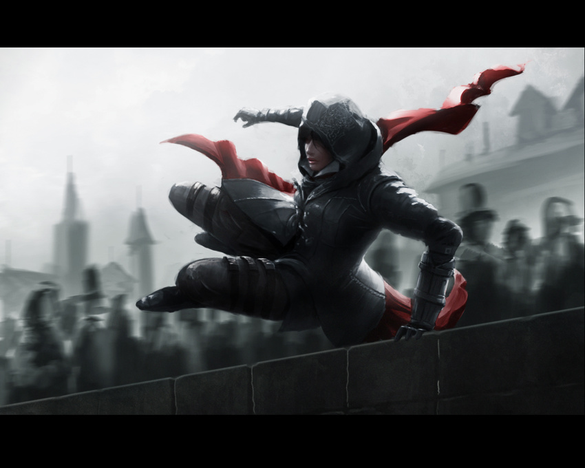1girl assassin's_creed assassin's_creed_(series) belt brown_hair cape crowd evie_frye gloves hat hood jumping outdoors partially_colored sky solo standing tower
