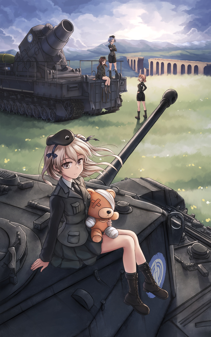 absurdres azumi_(girls_und_panzer) bandages beret black_eyes black_footwear black_hair black_hat black_jacket boko_(girls_und_panzer) boots bridge brown_eyes brown_hair cast caterpillar_tracks centurion_(tank) closed_mouth cloud cloudy_sky combat_boots cross-laced_footwear day dress_shirt emblem field girls_und_panzer glasses grass ground_vehicle hair_ribbon hairband hands_on_hips hat highres holding jacket japanese_tankery_league_(emblem) karl_gerat landscape light_brown_hair light_smile long_hair looking_at_another looking_at_viewer megumi_(girls_und_panzer) military military_uniform military_vehicle miniskirt motor_vehicle mountain multiple_girls necktie outdoors pencil_skirt pleated_skirt red_hair ribbon ruins rumi_(girls_und_panzer) selection_university_(emblem) selection_university_military_uniform shimada_arisu shirt side_ponytail silver_hair skirt sky stuffed_animal stuffed_toy tank teddy_bear tkfkid uniform