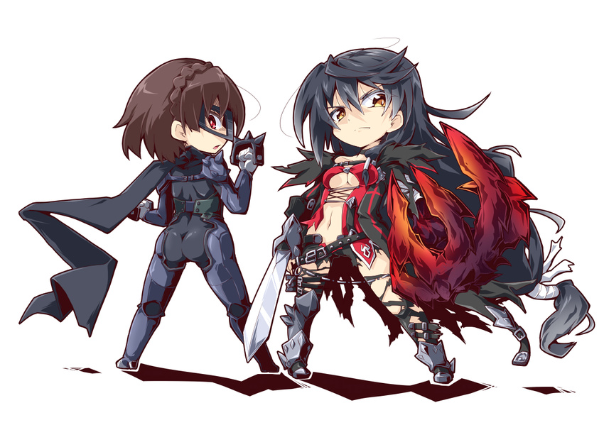 &gt;:( armored_boots ass bangs belt biker_clothes bikesuit black_choker black_hair bodysuit boots braid breasts brown_hair center_opening chibi choker closed_mouth coat crossover crown_braid full_body hair_between_eyes hand_up hands_up holding holding_weapon long_hair looking_at_viewer low-tied_long_hair mask medium_breasts multiple_girls navel niijima_makoto open_mouth persona persona_5 red_eyes reku satou_rina scarf seiyuu_connection short_hair shoulder_spikes simple_background spikes standing stomach tales_of_(series) tales_of_berseria underboob v-shaped_eyebrows velvet_crowe very_long_hair weapon white_background yellow_eyes