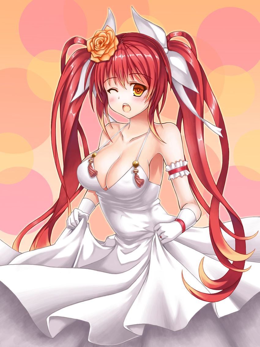 1girl bare_shoulders blush breasts cleavage collarbone dress female flower girls_frontline gloves hair_ornament hair_ribbon highres large_breasts long_hair long_skirt long_twintails looking_at_viewer open_mouth orange_eyes red_hair ribbon skirt sogegin solo standing twintails white_gloves wink