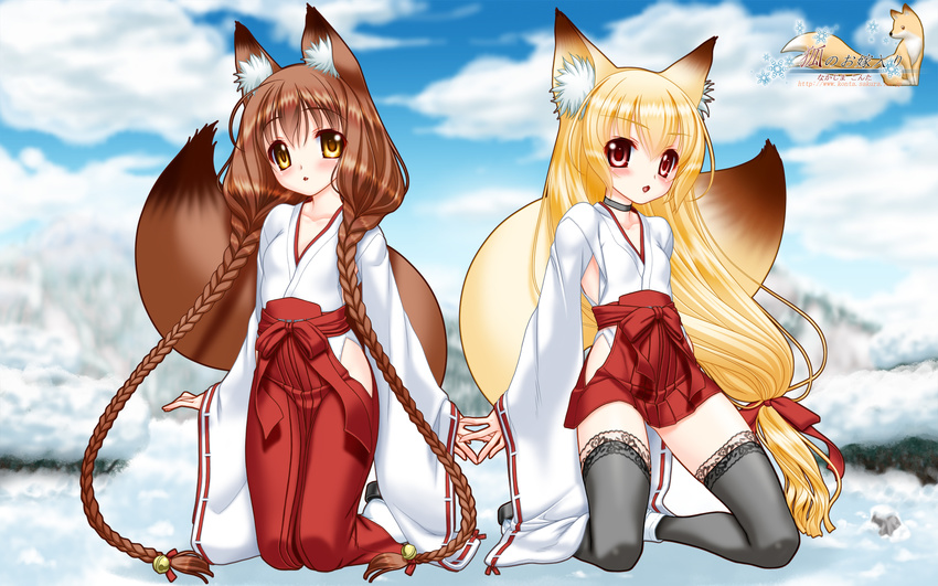 animal_ears bell black_legwear blonde_hair blush bow braid brown_eyes brown_hair choker fox_ears fox_tail hair_bow hakama hakama_skirt highres japanese_clothes jingle_bell kimono kneeling lace lace-trimmed_thighhighs long_hair miko multiple_girls nakajima_konta red_hakama ribbon ribbon_choker sandals sleeves_past_wrists snow snow_fox tabi tail thighhighs twin_braids very_long_hair yukina_(snow_fox) yukino_(snow_fox) zettai_ryouiki