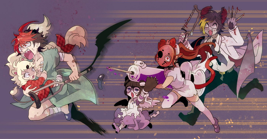 3girls ailane_(show_by_rock!!) anna_spire black_hair black_neckwear blonde_hair bow carrying closed_eyes collar crow_(show_by_rock!!) crutch demon_bat dress fangs glasses hacksaw hair_bow hair_ornament hairclip hockey_mask hospital_gown labcoat large_syringe long_hair maruboku motion_lines multicolored_hair multiple_boys multiple_girls necktie nurse oversized_object purple running scalpel shouting show_by_rock!! slippers smile spiked_collar spikes stethoscope streaked_hair syringe tail thighhighs two-tone_hair yaginupan