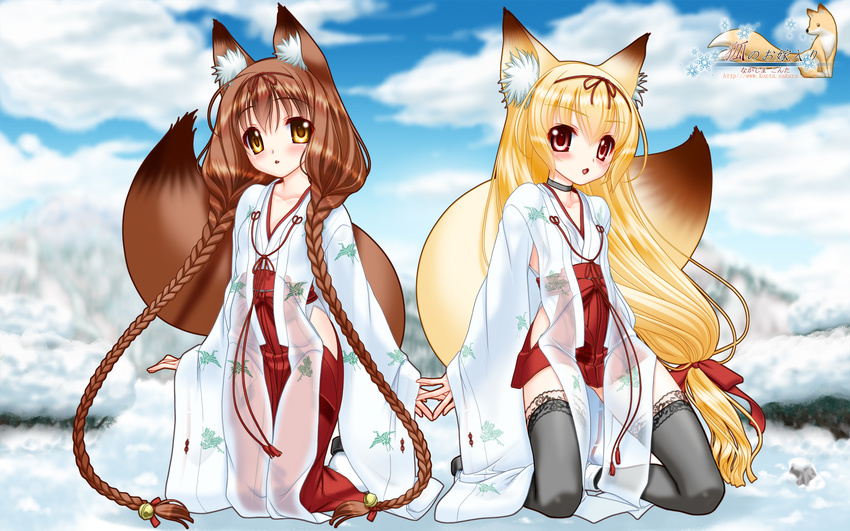 animal_ears bell black_legwear blonde_hair blush bow braid brown_eyes brown_hair chihaya_(clothing) choker fox_ears fox_tail hair_bow hair_ribbon hakama hakama_skirt haori highres japanese_clothes jingle_bell kimono kneeling lace lace-trimmed_thighhighs long_hair miko multiple_girls nakajima_konta red_hakama ribbon ribbon_choker sandals see-through sleeves_past_wrists snow snow_fox tabi tail thighhighs twin_braids very_long_hair yukina_(snow_fox) yukino_(snow_fox) zettai_ryouiki