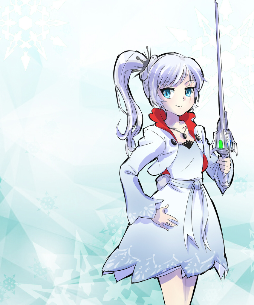 blue_eyes crown highres holding iesupa left-handed long_hair myrtenaster ponytail rwby scar solo sword weapon weiss_schnee white_hair