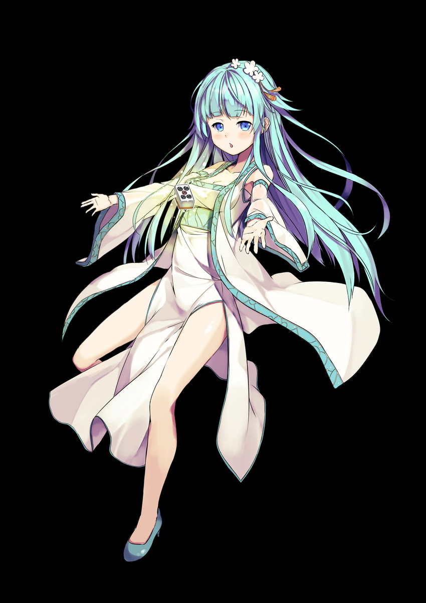absurdres aqua_hair black_background blue_eyes china_dress chinese_clothes detached_sleeves dress eyebrows_visible_through_hair floating flower full_body green_footwear hair_flower hair_ornament high_heels highres legs long_dress long_hair maechuu mahjong mahjong_tile md5_mismatch open_mouth original outstretched_arms parted_lips robe shoes side_slit solo telekinesis white_dress wide_sleeves
