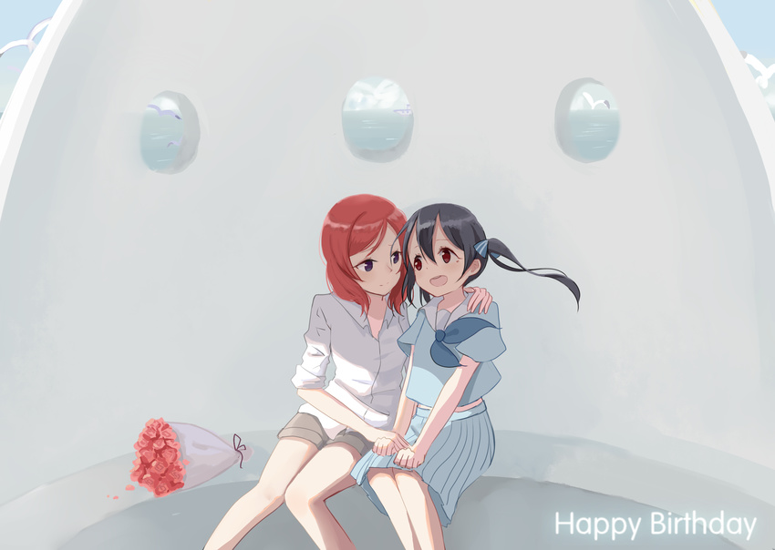 :d ai635623656 arm_around_shoulder bangs bird black_hair blue_skirt bouquet collared_shirt flower hair_between_eyes happy_birthday highres holding_hands looking_at_another love_live! love_live!_school_idol_project multiple_girls nishikino_maki open_mouth purple_eyes red_eyes red_hair sailor_collar seagull shirt short_sleeves shorts sitting skirt sleeves_rolled_up smile twintails white_shirt yazawa_nico yuri