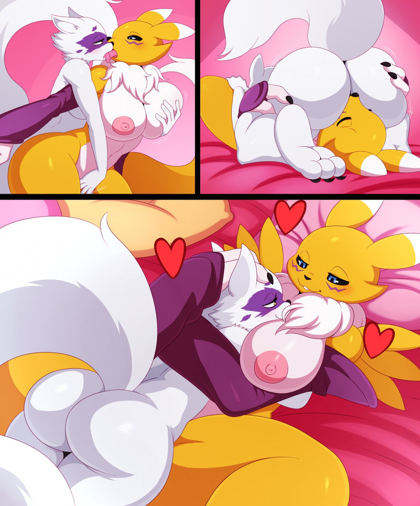 &lt;3 2016 69_position alopex anthro bed big_breasts big_butt black_sclera blue_eyes breast_fondling breasts bridal_gauntlets butt canine clothing crossover cunnilingus digimon duo eye_contact facesitting female female/female fondling fox french_kissing fur half-closed_eyes hand_on_breast huge_breasts kissing lying mammal mostly_nude nude on_back on_bed oral purple_fur raised_tail renamon sex smile spread_legs spreading sssonic2 teenage_mutant_ninja_turtles tuft vaginal white_fur yellow_fur
