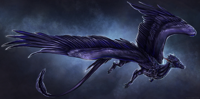 claws digital_media_(artwork) dragon feathered_dragon feathered_wings feathers feral flying isvoc nude purple_feathers purple_theme simple_background solo spread_wings wings