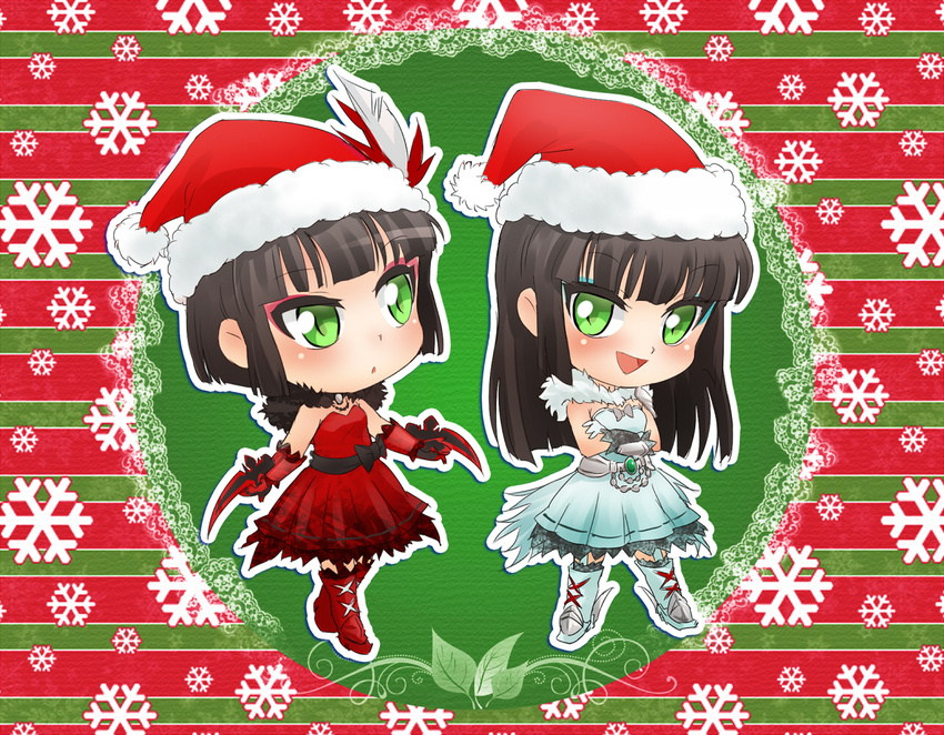 black_hair blue_dress chibi christmas dress green_eyes hat iesupa melanie_malachite miltiades_malachite multiple_girls red_dress rwby santa_hat siblings sisters twins