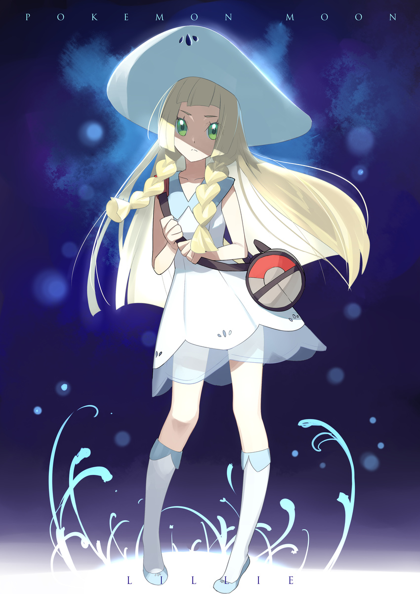 absurdres bag blonde_hair braid character_name collarbone copyright_name dress green_eyes hat highres kushabiria lillie_(pokemon) long_hair pokemon pokemon_(game) pokemon_sm see-through solo sun_hat