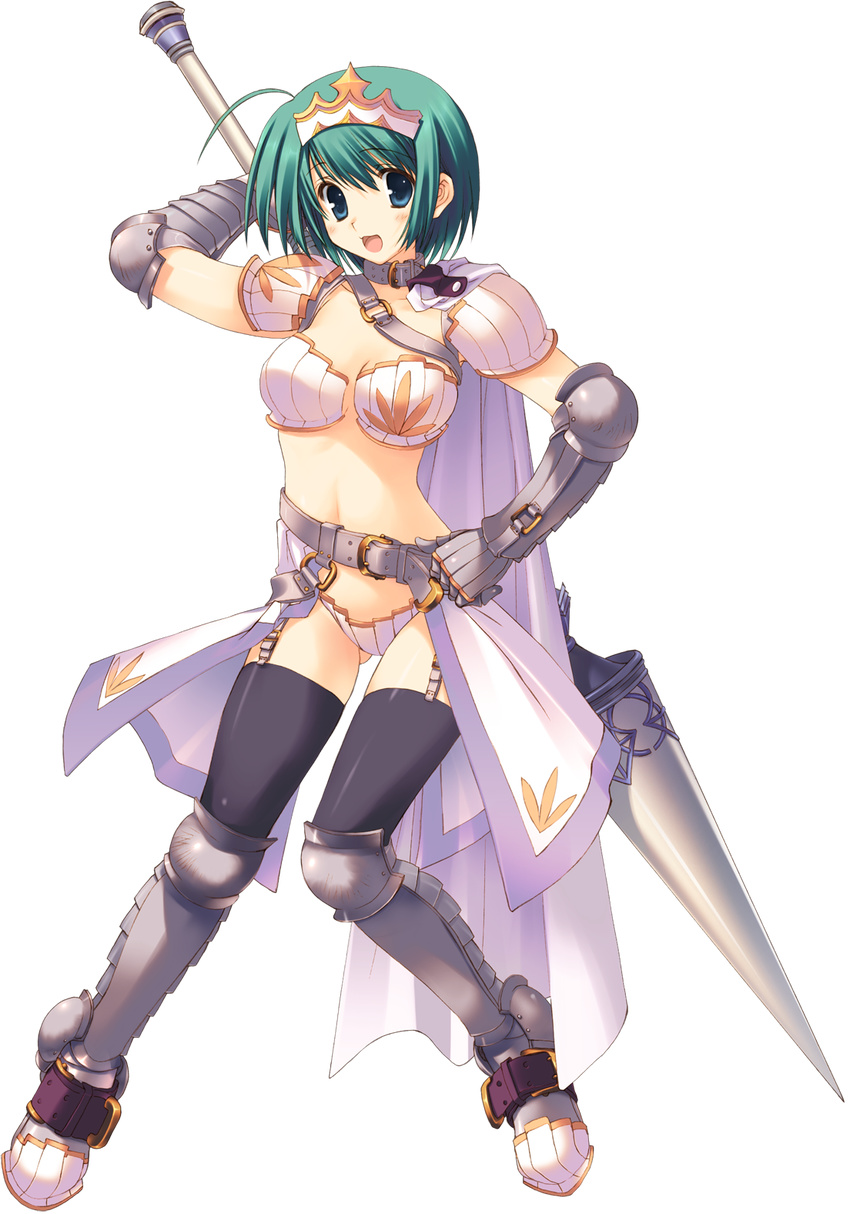 armor armored_boots artist_request belt bikini_armor black_legwear blue_eyes boots bridgeless_bra cape collar full_body gauntlets greaves green_hair hair_ornament hand_on_hip highres holding holding_weapon knees_together_feet_apart open_mouth polearm revealing_clothes short_hair shoulder_belt shoulder_pads showgirl_skirt smile solo spear standing tiara to_heart_2 to_heart_2_dungeon_travelers transparent_background waist_cape weapon yoshioka_chie