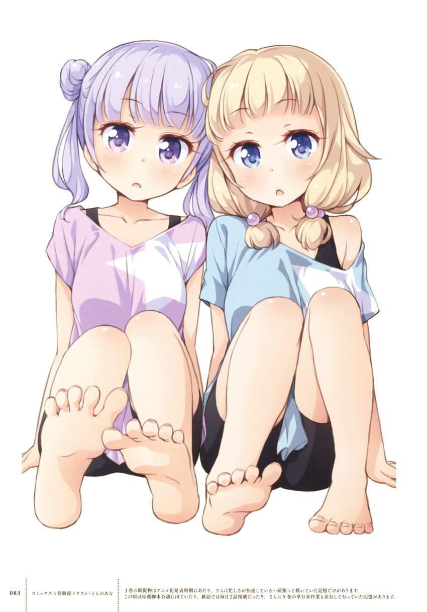 :o absurdres alternate_hairstyle arm_support barefoot bike_shorts black_shorts blonde_hair collarbone d: double_bun eyebrows eyebrows_visible_through_hair feet hair_bobbles hair_ornament highres long_hair looking_at_viewer multiple_girls new_game! off-shoulder_shirt official_art open_mouth purple_eyes purple_hair sakura_nene scan shirt shorts simple_background sitting soles star suzukaze_aoba toes tokunou_shoutarou twintails white_background