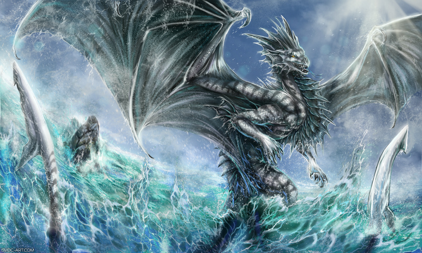 ambiguous_gender claws day detailed_background detailed_scales digital_media_(artwork) dragon feral grey_scales horn isvoc long_tail membranous_wings nude open_mouth outside partially_submerged rock scales scalie solo spines spread_wings sun teeth water western_dragon wings yellow_eyes