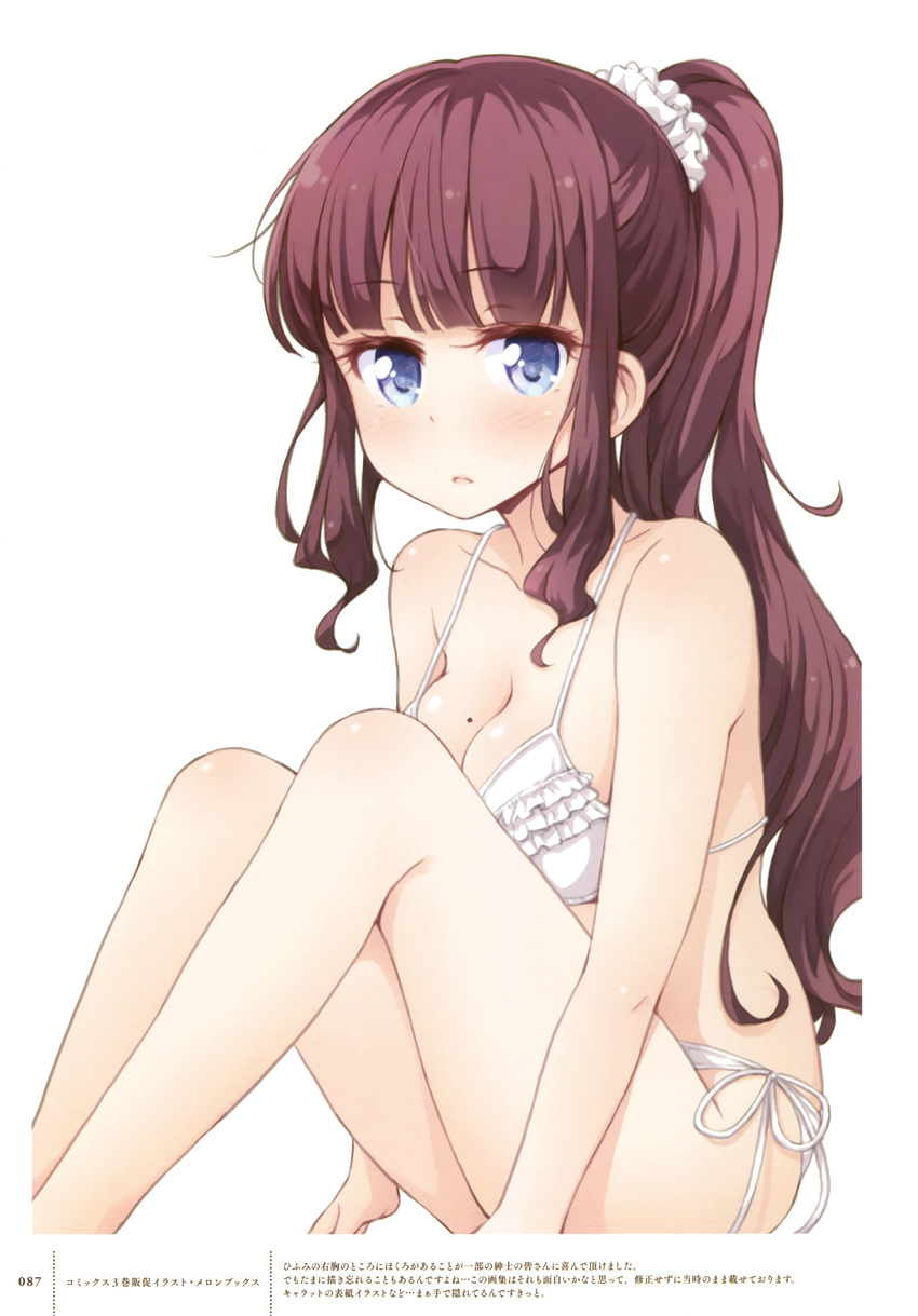 absurdres bare_shoulders bikini blue_eyes breasts brown_hair cleavage collarbone eyebrows eyebrows_visible_through_hair hair_ornament hair_scrunchie high_ponytail highres long_hair looking_at_viewer medium_breasts mole mole_on_breast new_game! official_art scrunchie shiny shiny_skin side-tie_bikini simple_background sitting solo swimsuit takimoto_hifumi tokunou_shoutarou white_background white_bikini