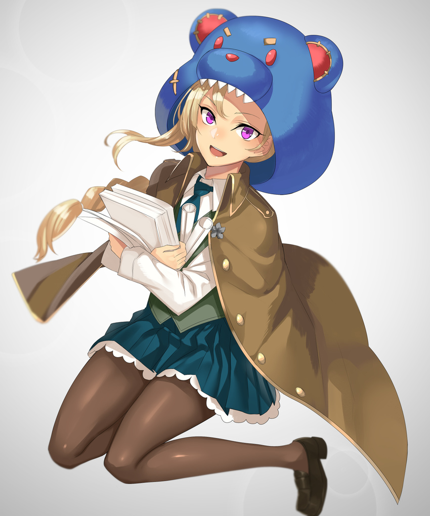 :d bear_hat blonde_hair braid character_request coat damegane gradient gradient_background highres looking_at_viewer open_mouth pantyhose paper purple_eyes smile solo