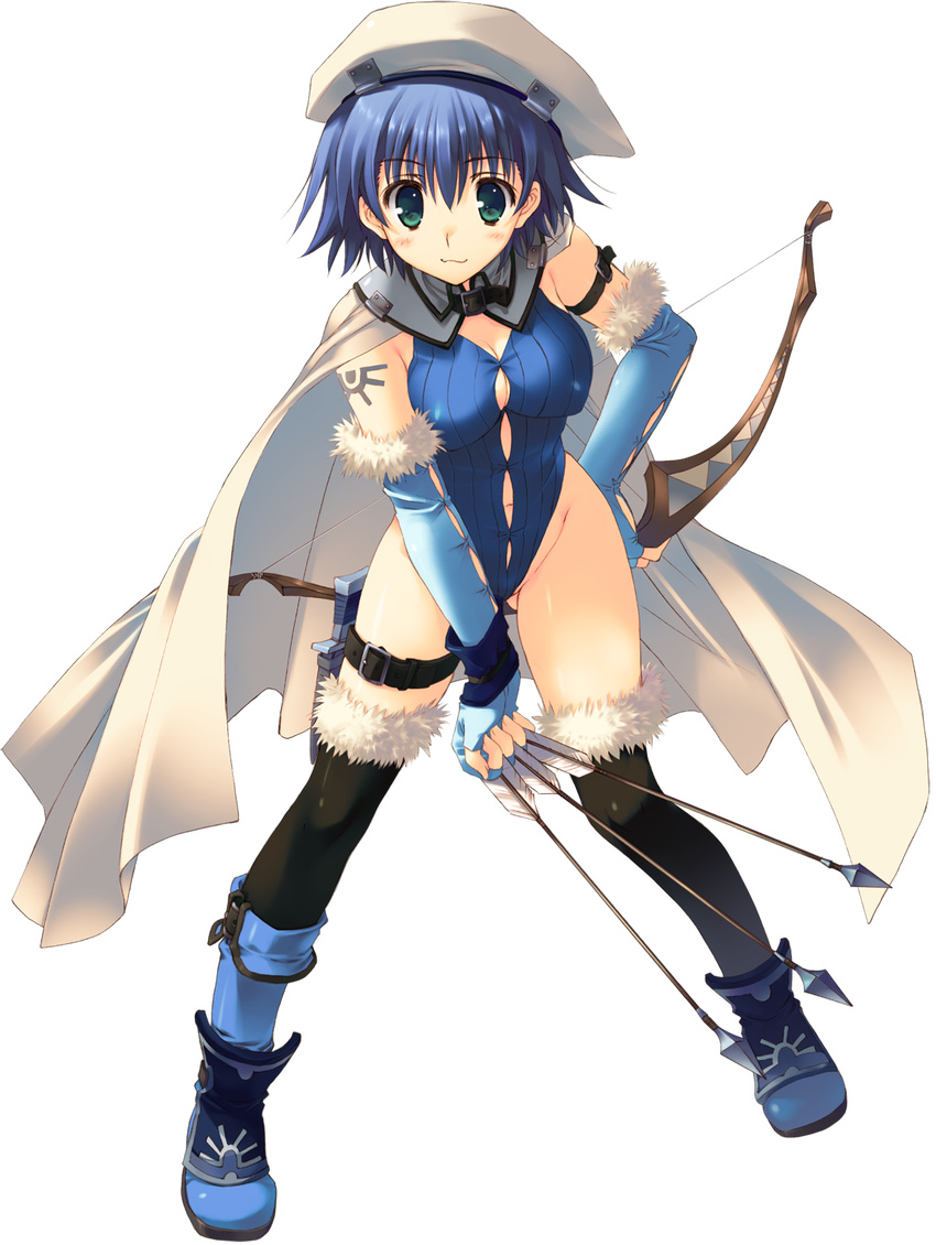 arrow beret black_legwear blue blue_hair blue_leotard bow_(weapon) breasts cape covered_nipples dagger elbow_gloves fingerless_gloves full_body fur_trim gloves green_eyes hat highleg highleg_leotard highres large_breasts leotard mitsumi_misato short_hair solo tattoo thighhighs thighs to_heart_2 to_heart_2_dungeon_travelers tonami_yuma transparent_background weapon