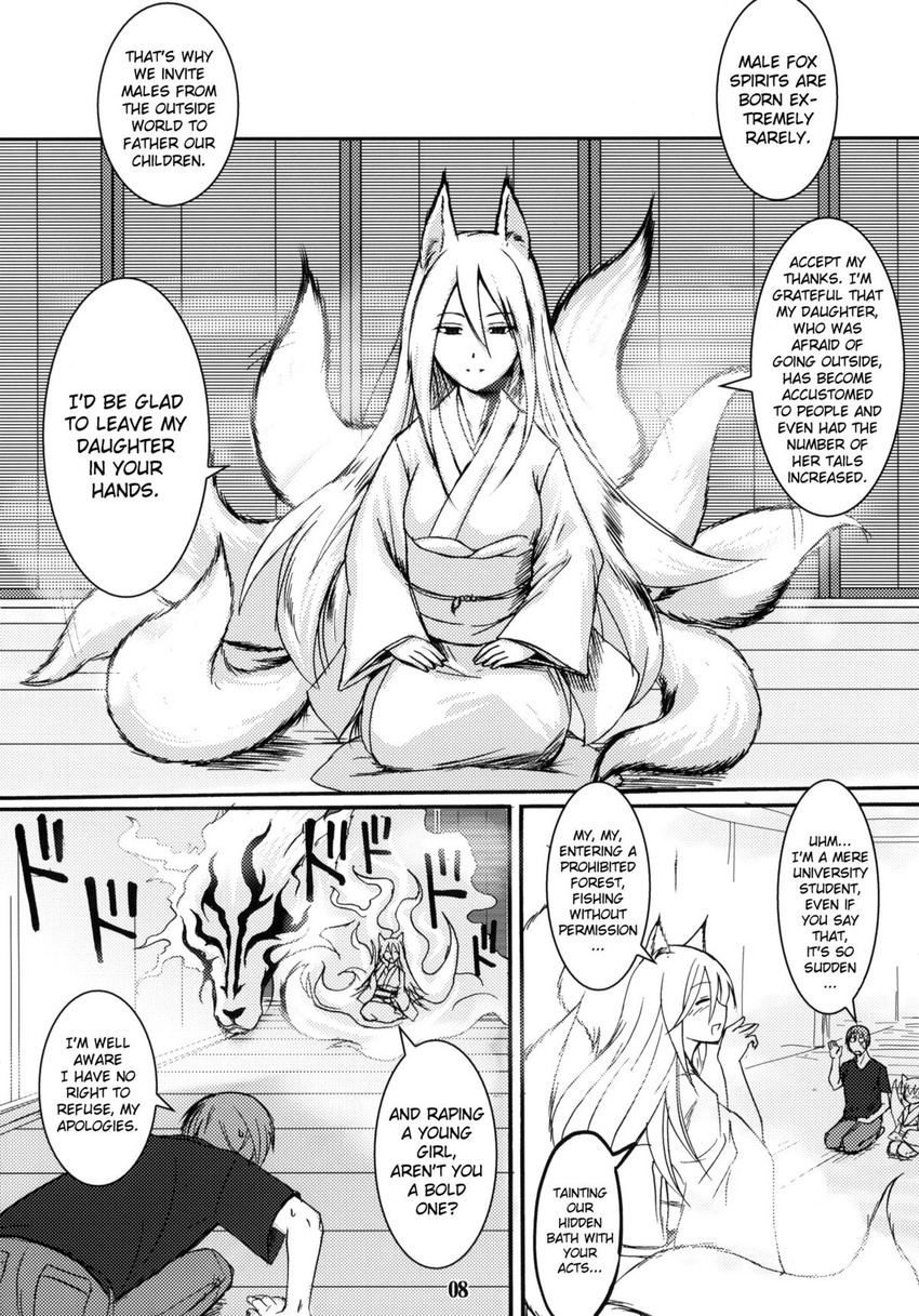 animal_humanoid badhand black_and_white blush canine clothing comic english_text female fox fox_humanoid human humanoid loli male mammal mature_female monochrome mother multi_tail parent text young