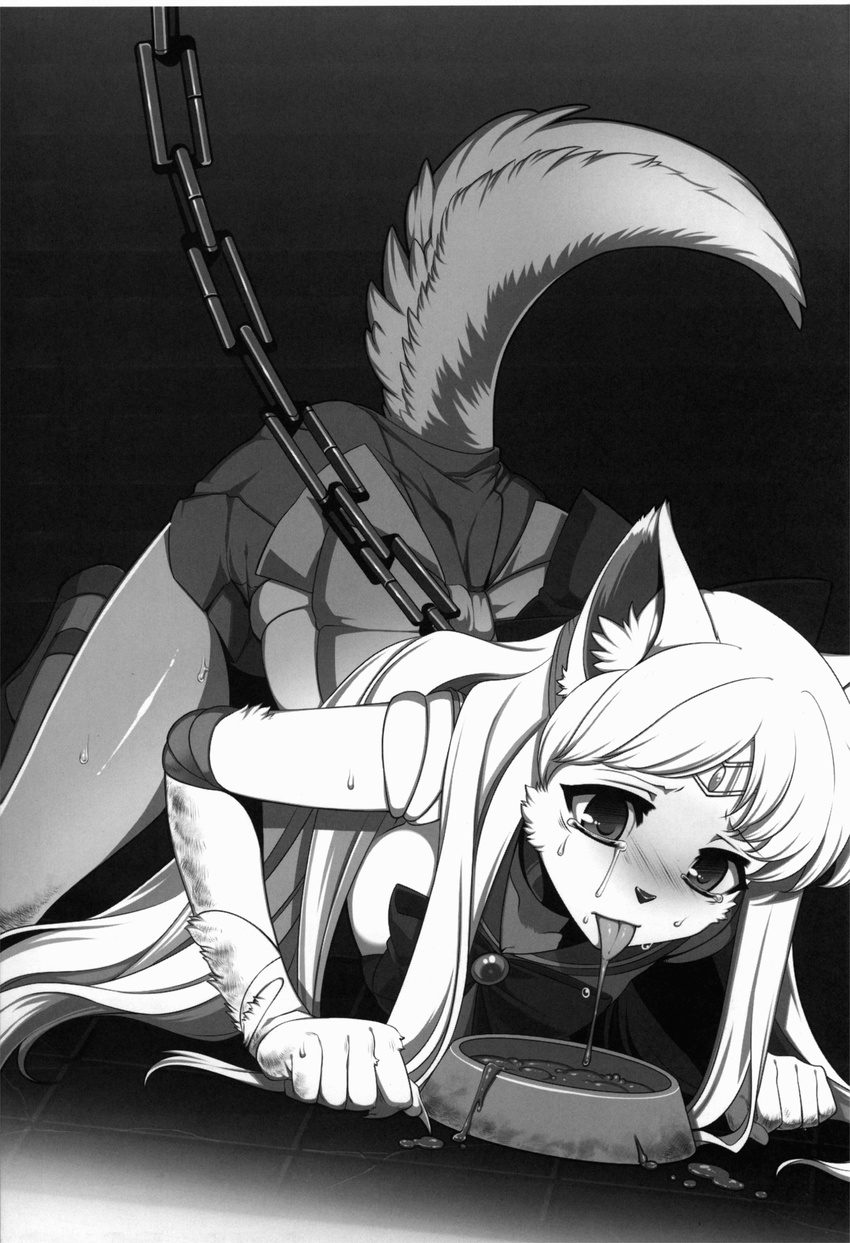 absurd_res all_fours anthro blush bowl chain claws clothed clothing collar comic costume crying cum cum_in_bowl doujinshi eyelashes female food_bowl fur gloves greyscale hair hi_res jewelry kemono kneeling mammal mind_break modification monochrome pet sailor_moon_(series) sailor_venus saliva sex_slave shadow simple_background sweat tears tongue tongue_out transformation uniform white_hair