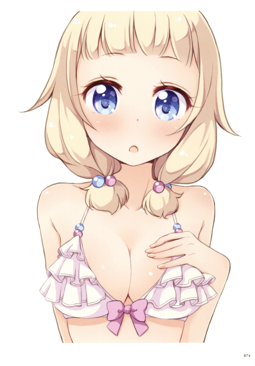 :o absurdres bare_shoulders bikini blonde_hair blue_eyes bow breasts cleavage collarbone frilled_bikini frills hair_bobbles hair_ornament hand_on_own_chest highres looking_at_viewer medium_breasts new_game! official_art open_mouth pink_bow sakura_nene shiny shiny_skin short_hair simple_background solo swimsuit tokunou_shoutarou upper_body white_background white_bikini