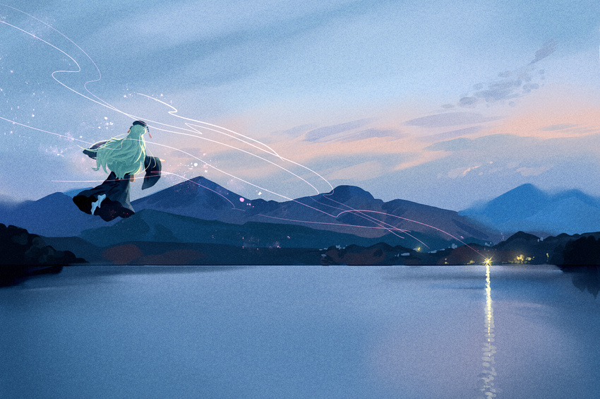 barefoot black_dress black_hat blonde_hair city_lights cloud cloudy_sky commentary_request dress evening floating from_behind hat highres junko_(touhou) lake long_hair mountain mountainous_horizon scenery sky solo touhou water wei_li wide_sleeves