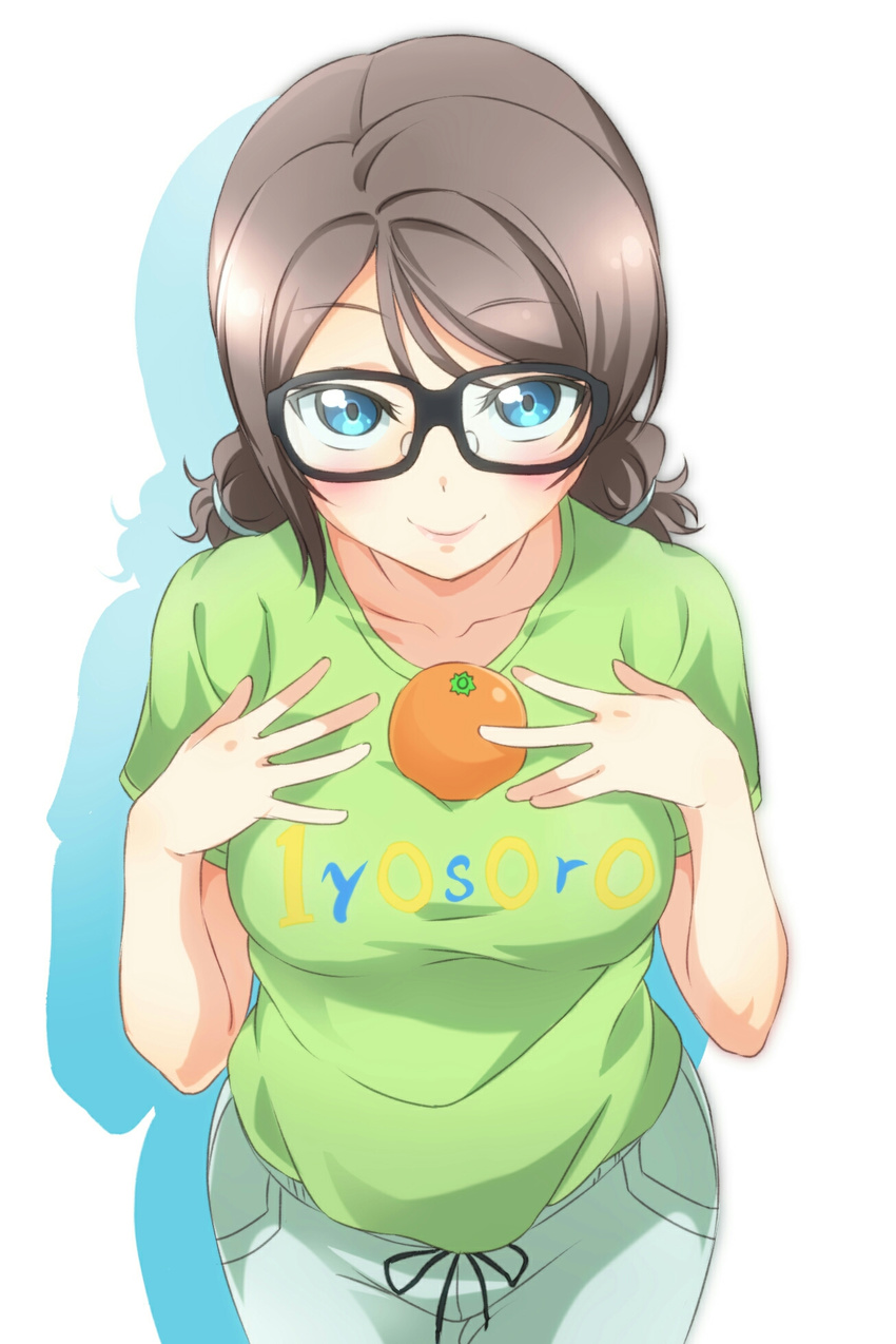 alternate_hairstyle bespectacled blue_eyes blush brown_hair catchphrase clothes_writing food fruit glasses green_shirt highres looking_at_viewer love_live! love_live!_sunshine!! mandarin_orange object_on_breast shirt smile solo surfing_orange t-shirt twintails watanabe_you